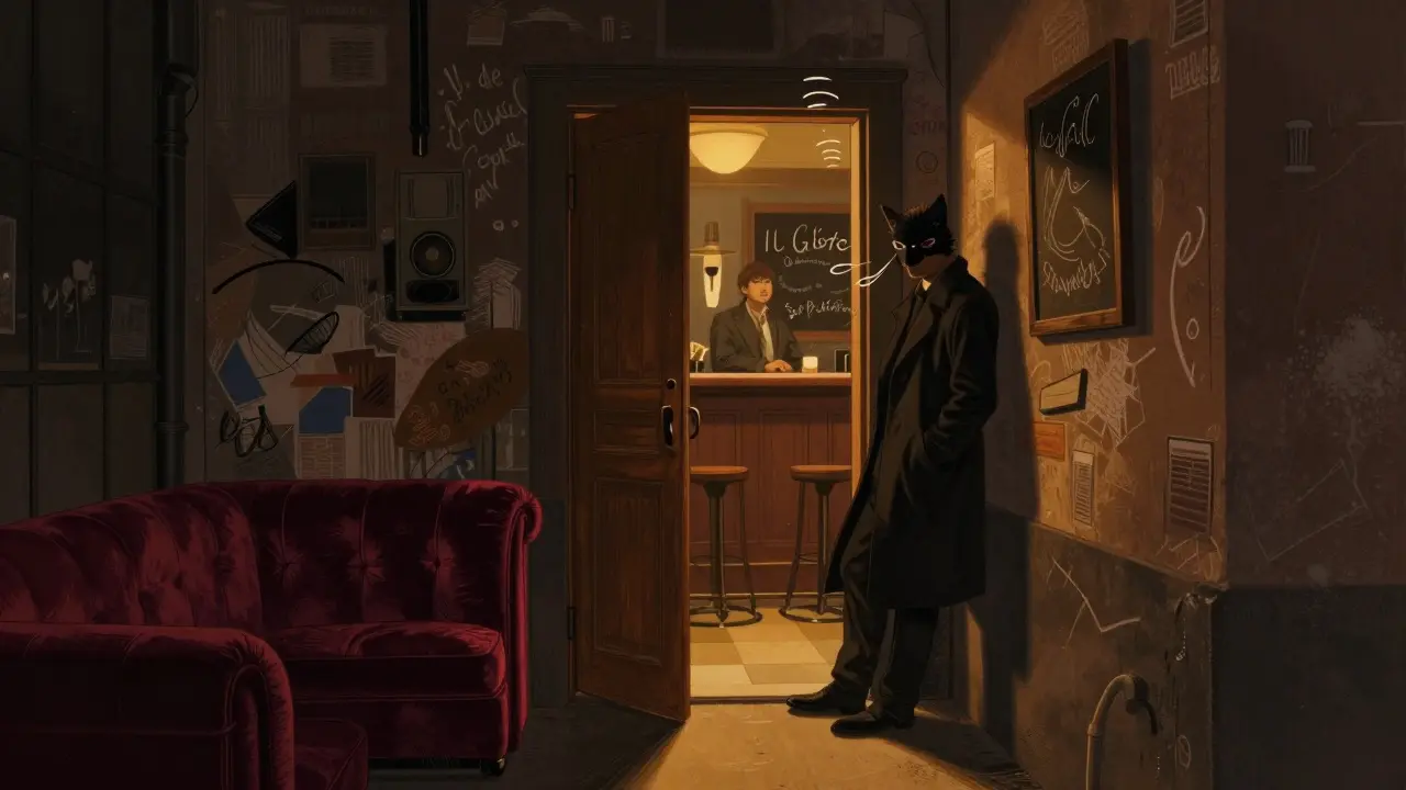 Hidden bar in Brera with glowing interior, velvet couches, and street art on walls.