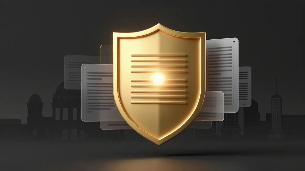Icône abstraite de bouclier doré sur fond sombre symbolisant la sécurité