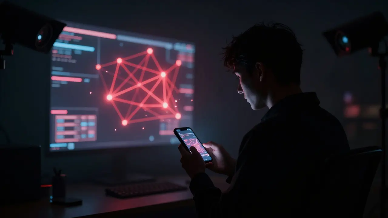 Illustration abstraite des risques numériques et de la surveillance en ligne sombre.