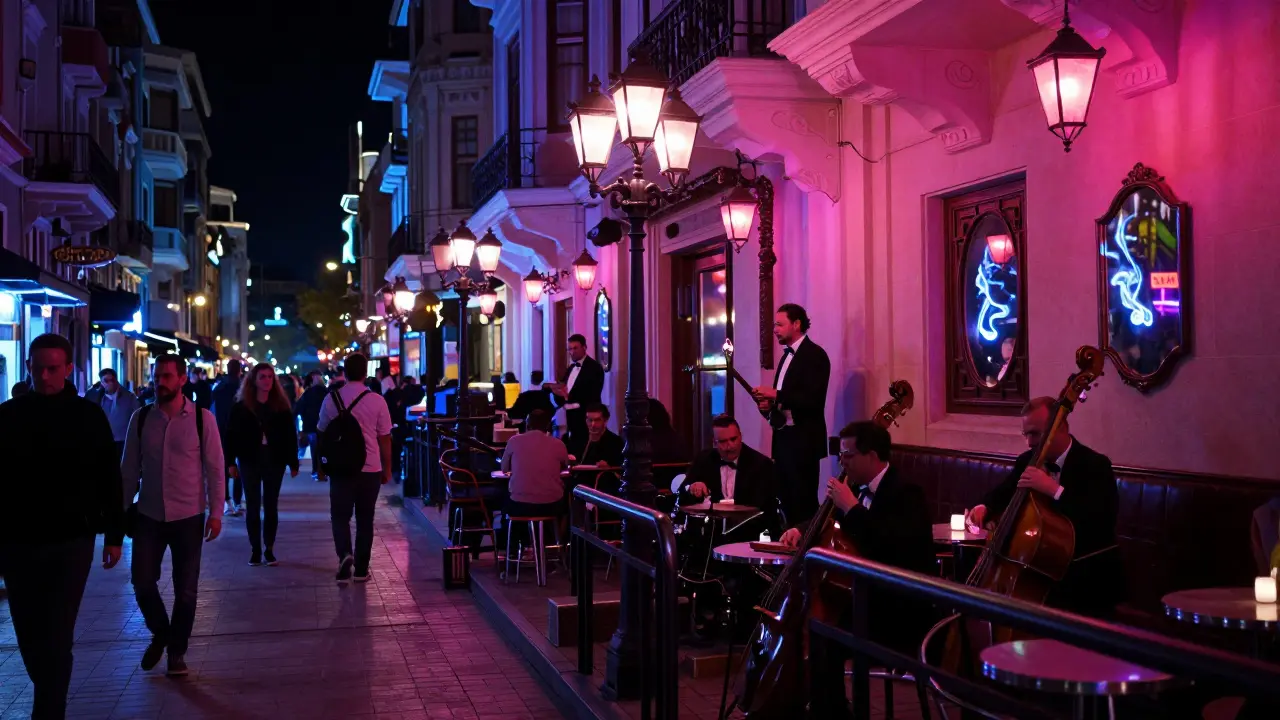 La rue İstiklal la nuit : des bars jazz, des cocktails vintage et des foules dansant sous des lumières pulsantes.
