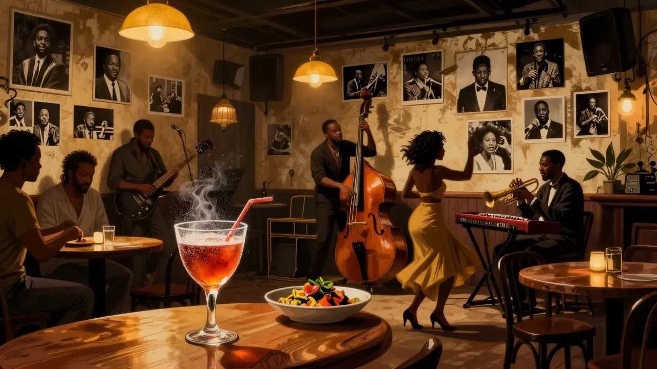 Musiciens jouant un morceau de jazz en direct dans un cadre chaleureux avec photos légendaires aux murs.
