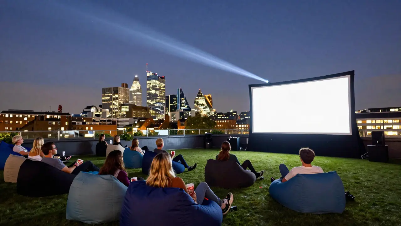 Projection de film en plein air sur un toit avec skyline londonien.