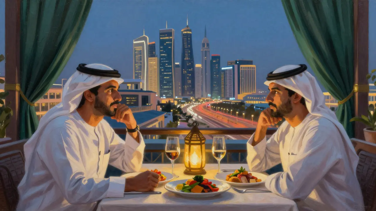 Restaurant gastronomique au coucher du soleil avec vue sur la ville moderne