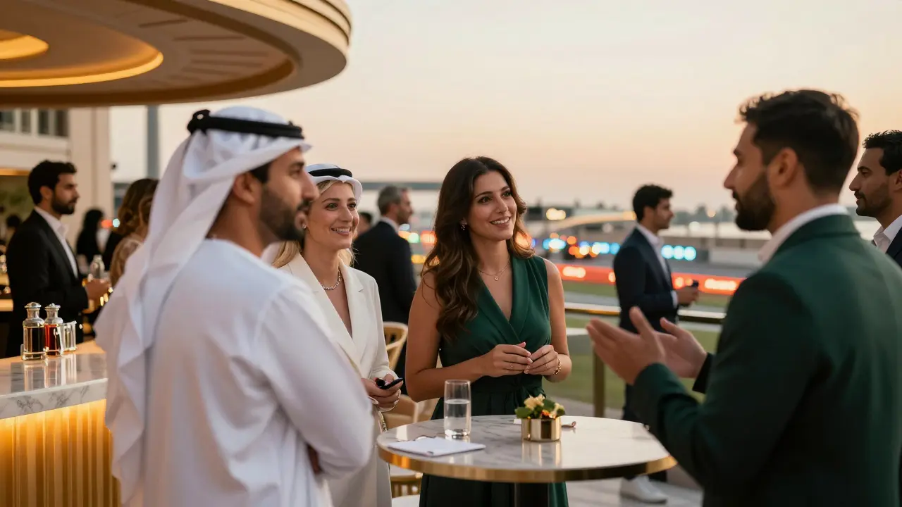 Scène de vie nocturne luxueuse et légale sur l'île Yas avec des lumières vives.