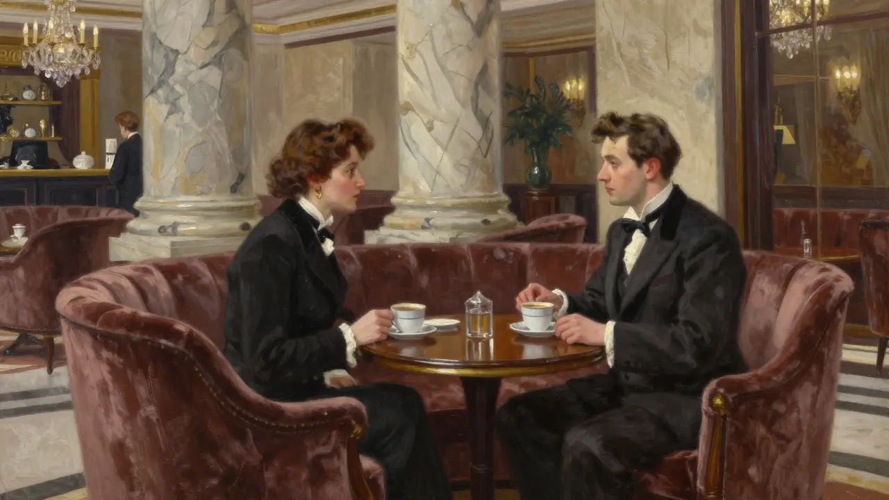 Silhouettes raffinées assises dans un hall d'hôtel luxueux à Paris, discutant discrètement.