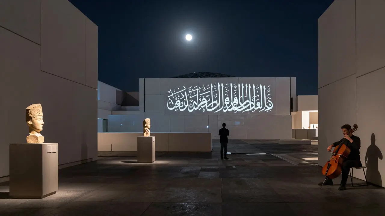 Soirée au Louvre Abu Dhabi, un visiteur contemplatif devant une projection artistique avec un violoncelliste jouant en fond.
