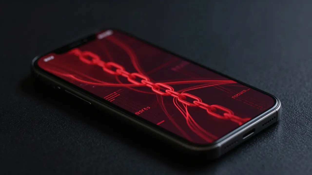 Téléphone illuminé montrant des données digitales dangereuses en rouge.