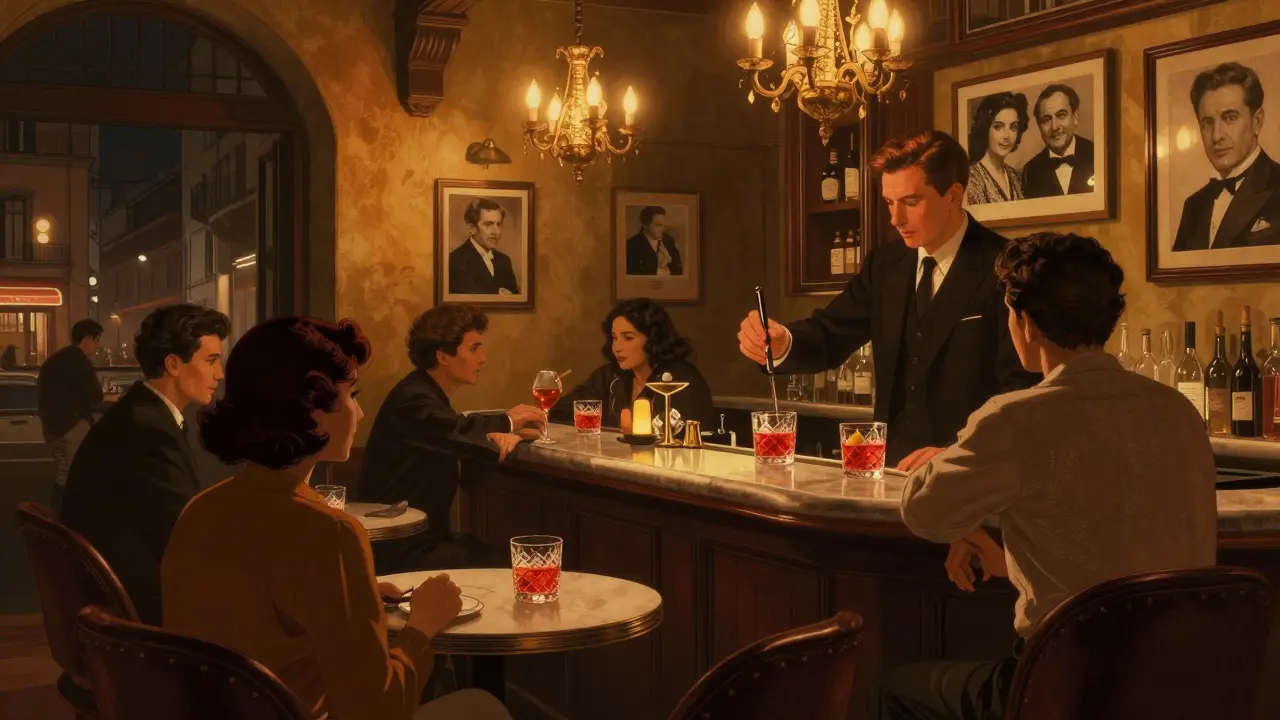 Un bar élégant à Brera avec des clients qui savourent des Negronis dans une ambiance intime et vintage, lumières tamisées et murs ornés de photos anciennes.