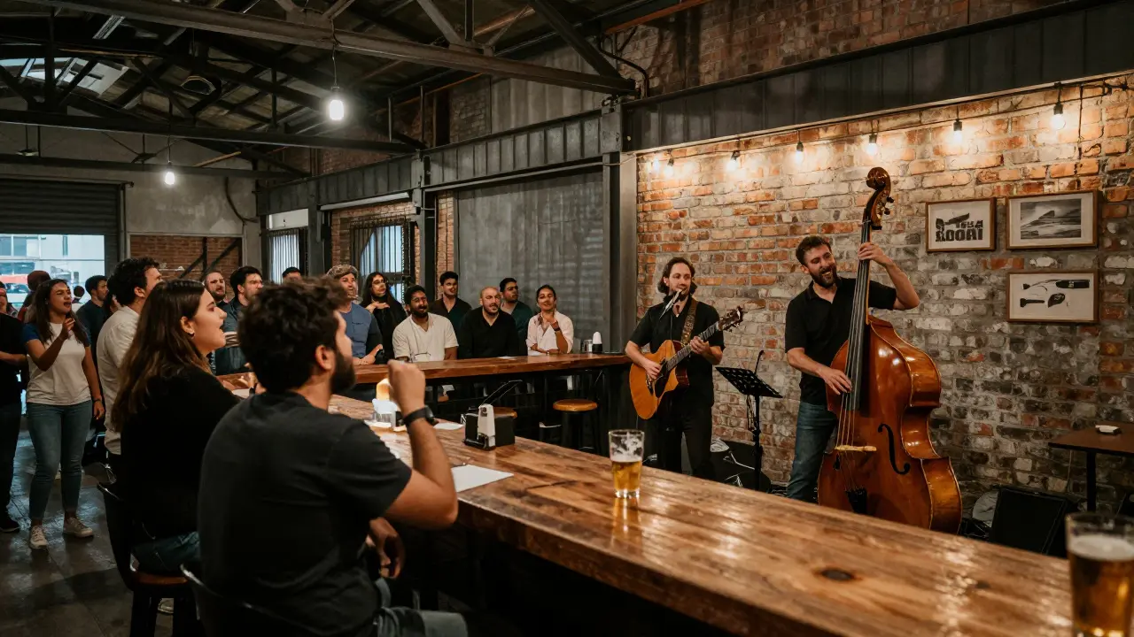 Un bar industriel à Dubaï où un trio joue de la musique acoustique en direct, entouré de spectateurs locaux.