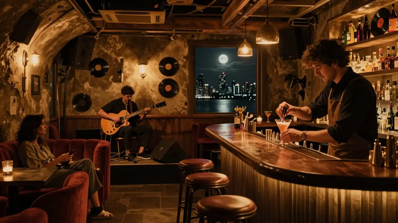 Un bar intime avec une scène live, des clients détendus et un barman préparant un cocktail.