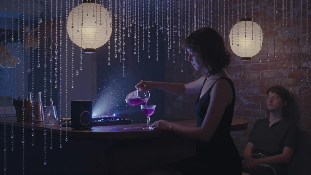 Un bar secret à Belleville avec des rideaux de perles, une barmaid qui sert un cocktail violet sous des lanternes en papier.