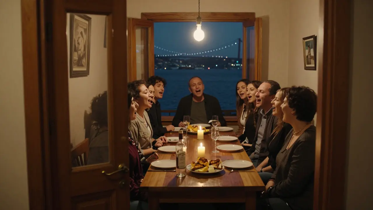 Un bar secret à Beşiktaş où des locaux chantent autour d'une table, éclairés par des bougies, avec la vue du Bosphore en arrière-plan.