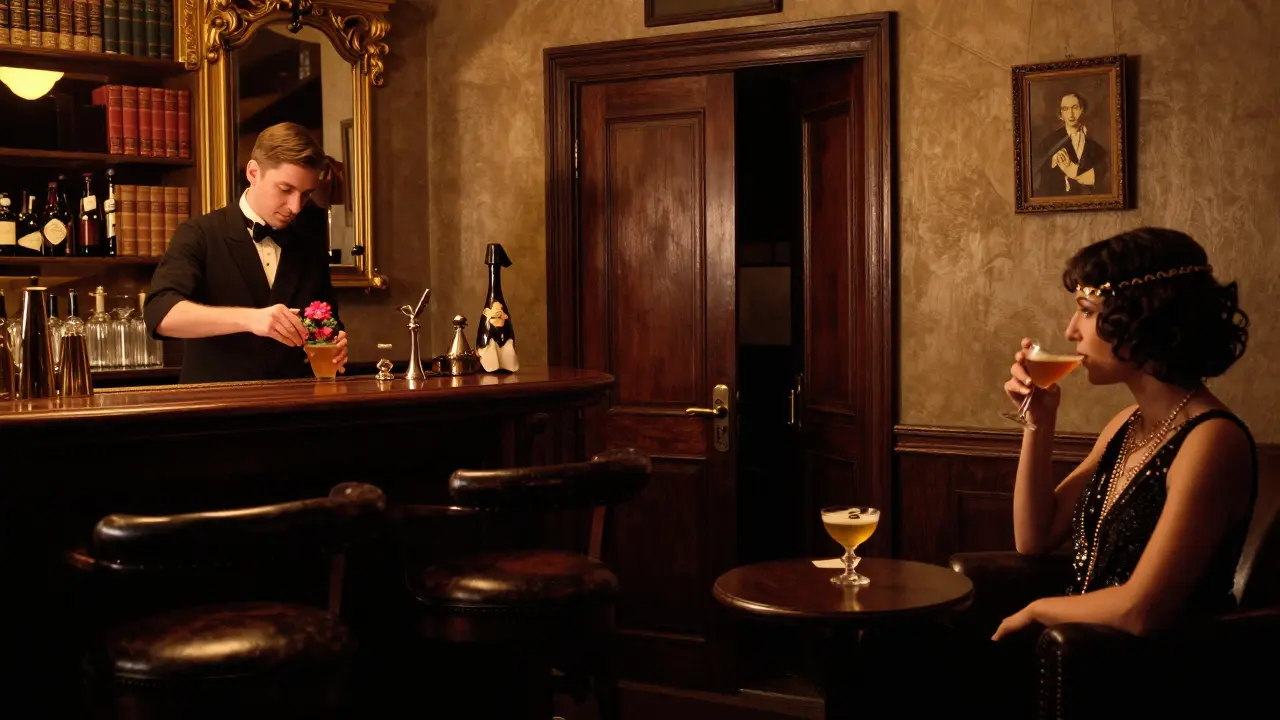 Un bar secret à l'intérieur du Coco Chanel, avec miroirs dorés, fauteuils en cuir et cocktails raffinés.