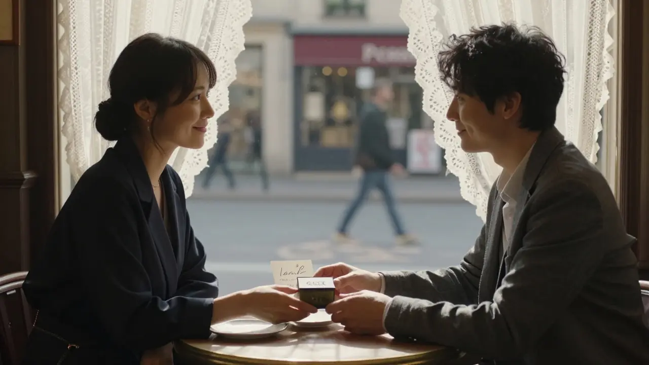 Un cadeau discret de thé et une note manuscrite sur une table de café à Belleville.