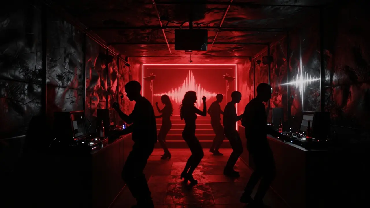 Un club souterrain caché sous le Rocher, avec des silhouettes dansantes dans une lumière rouge sombre, sans visages, sans identité, seulement le son et l'obscurité.