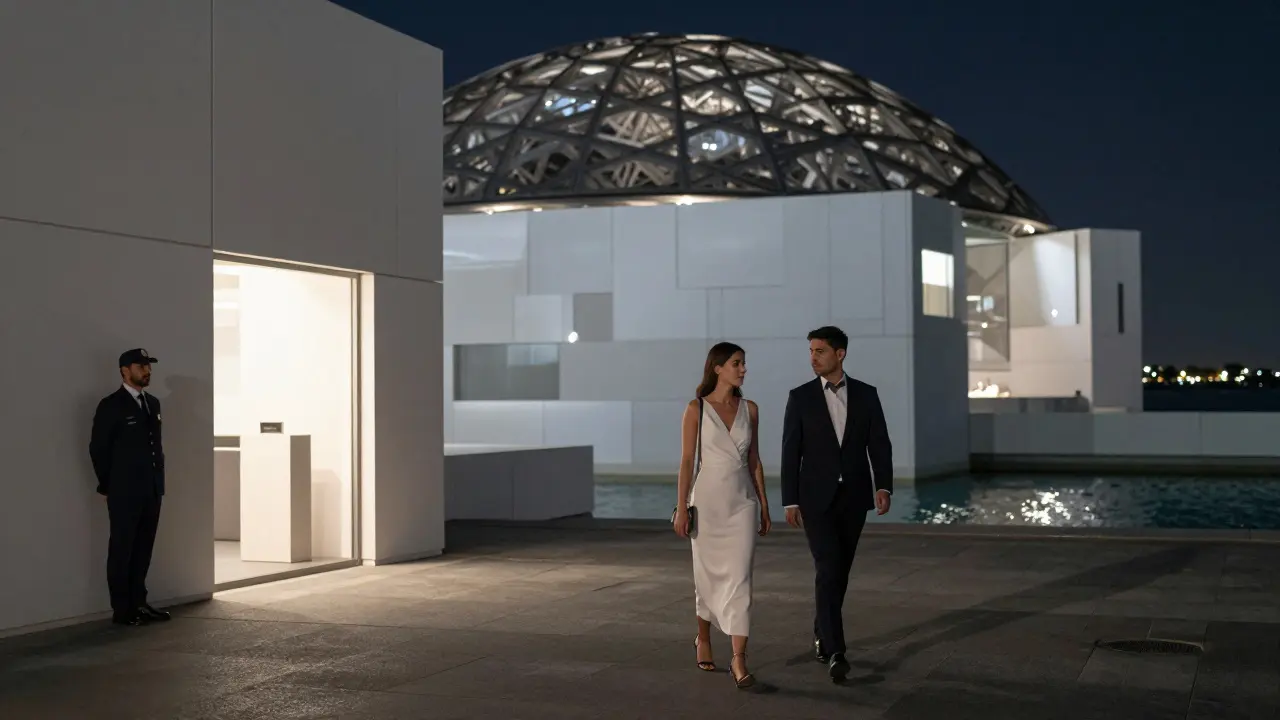 Un couple en visite exclusive au Louvre Abu Dhabi, après les heures d'ouverture.
