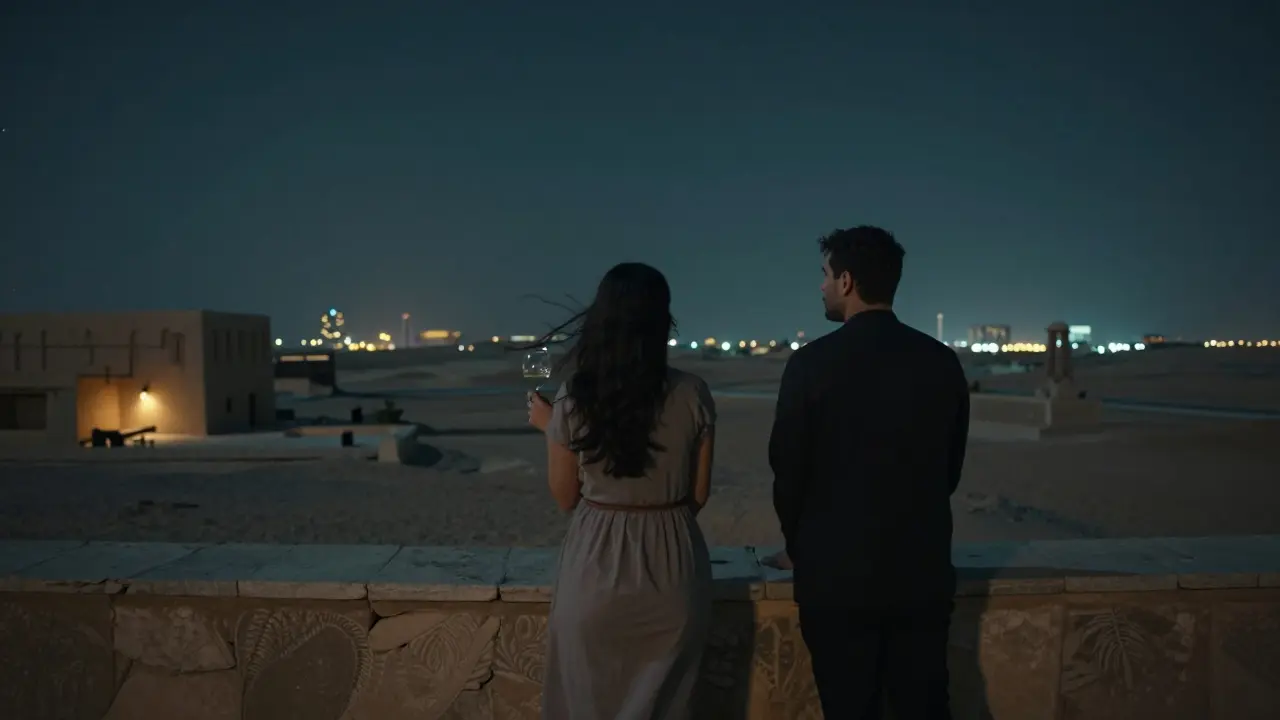 Un couple sur un toit oublié à Abu Dhabi, contemplant les lumières de la ville sous un ciel étoilé, en pleine quiétude.