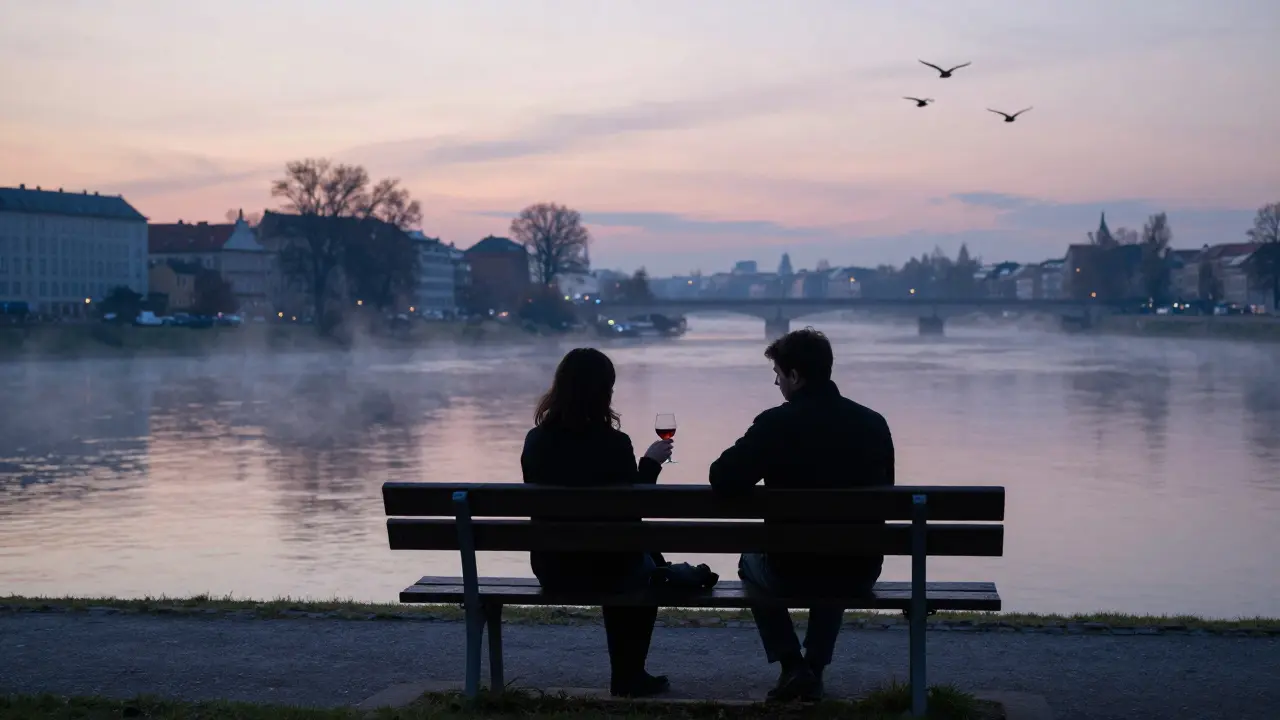 Un couple sur une terrasse au bord du Spree à l'aube, entouré de brouillard et de lumière douce.