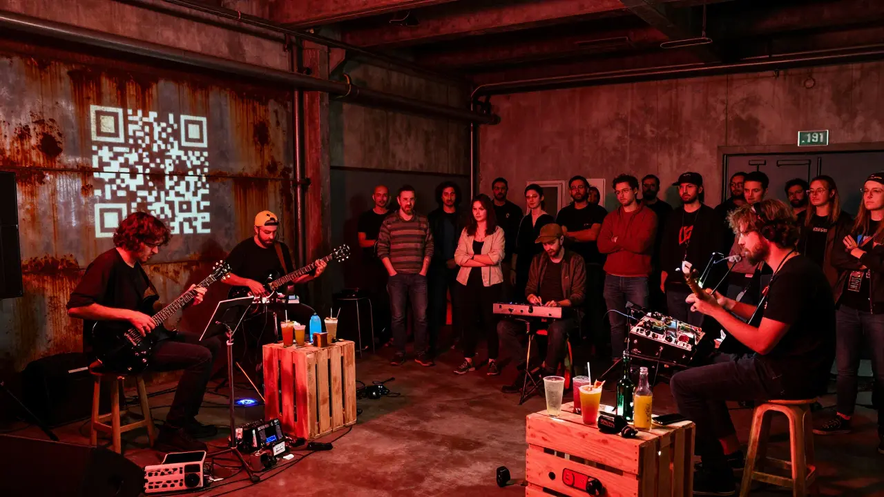Underground venue in Lambrate where musicians play instruments made from recycled electronics.