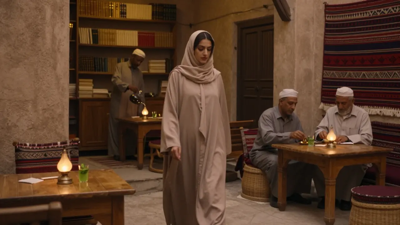 Une femme et un homme dans un café caché à Al Muroor, partageant une pause paisible sous des lampes à huile.