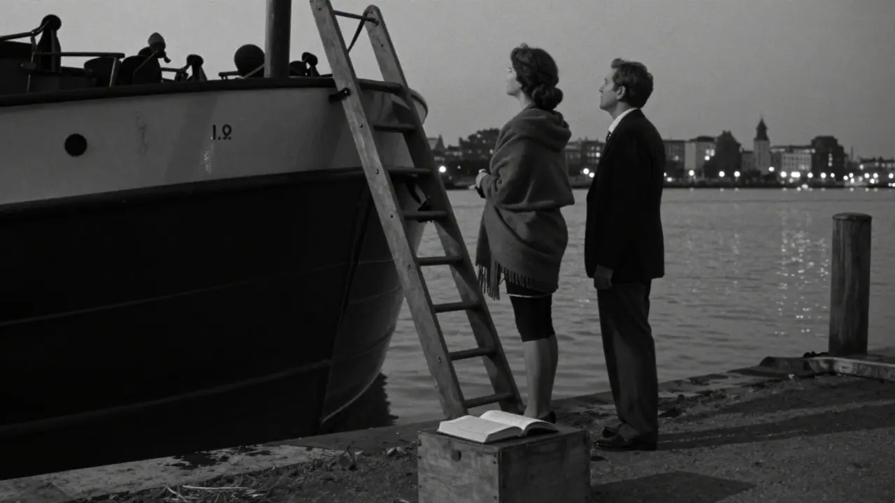 Une femme et un homme seuls sur un bateau-mouche vide, regardant la ville endormie.