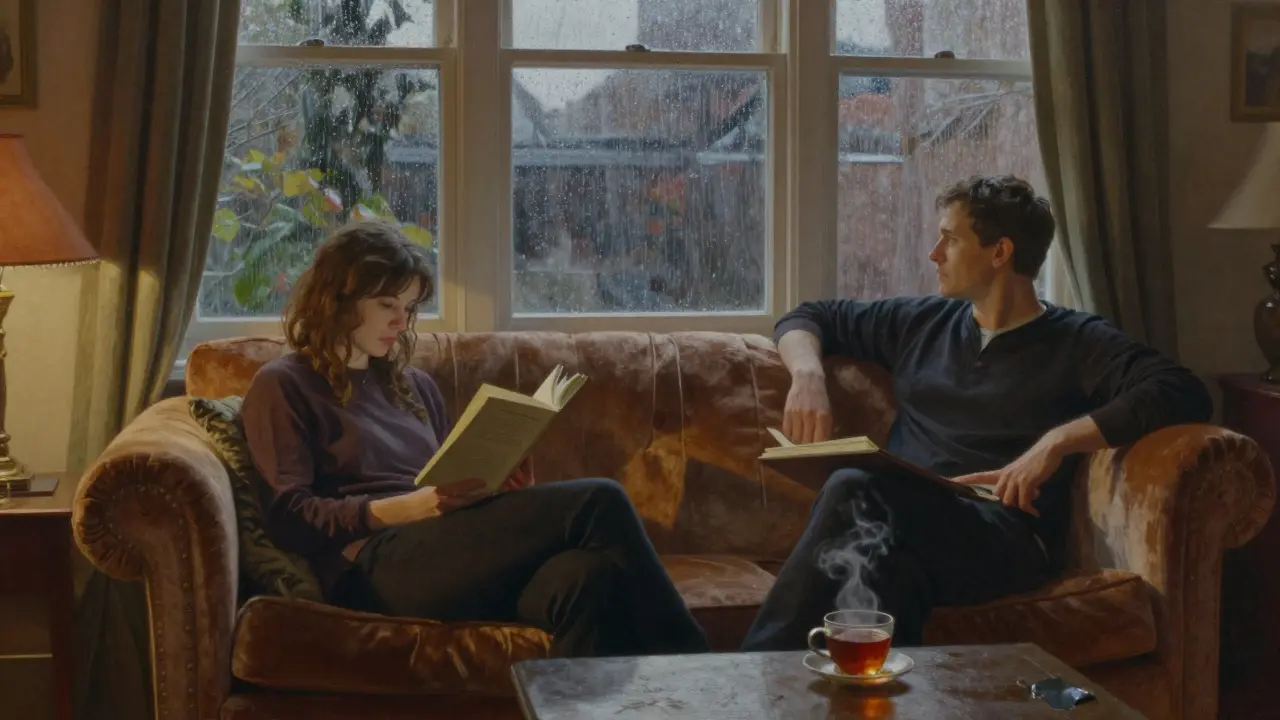 Une femme lit un poème sur un canapé en velours, un homme regarde la pluie tomber contre la fenêtre.