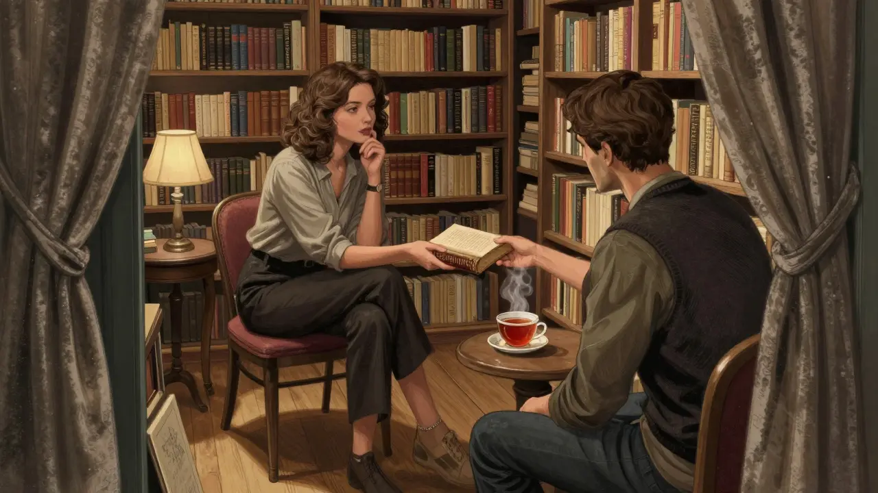 Une femme offre un livre rare à un homme dans une librairie parisienne intime.