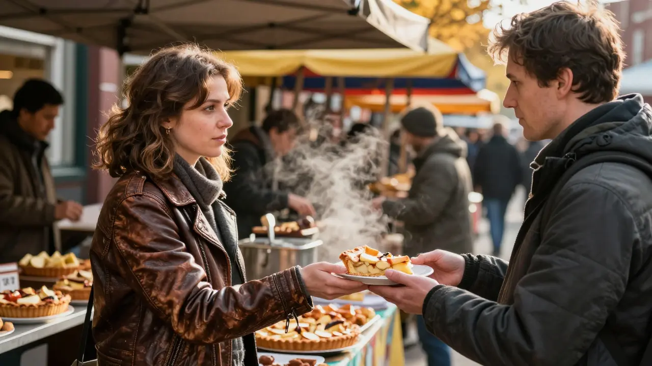 Une femme offre une part de tarte à un inconnu sur un marché matinal, la lumière dorée baigne la scène.