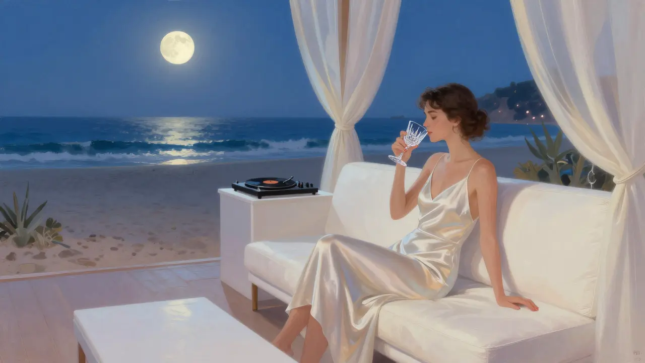 Une femme seule sur une terrasse de Monte-Carlo Beach, sirotant un cocktail en cristal sous la lune, entourée de douceur et de silence nocturne.