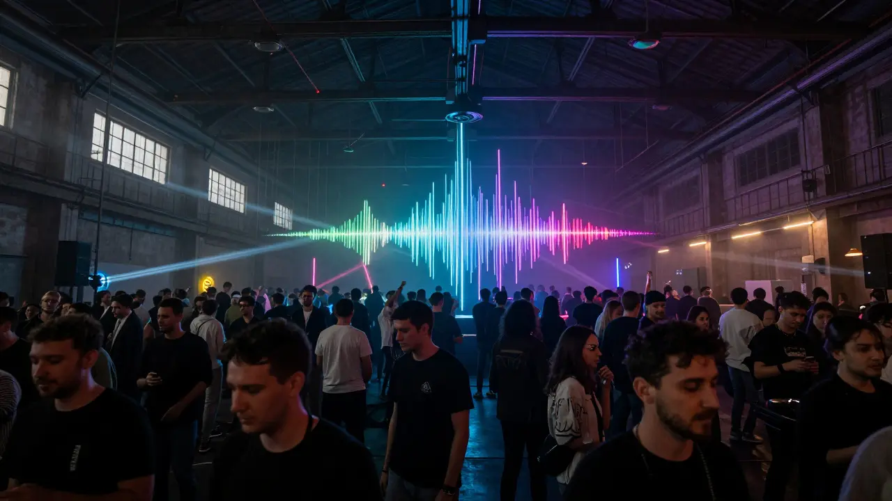 Une foule danse dans un entrepôt transformé en club de musique électronique, lumières néon et basses profondes, dans une ambiance brute et authentique.