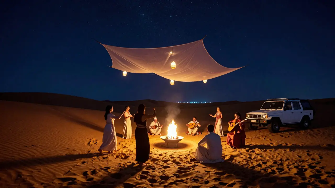 Une soirée dans le désert sous les étoiles, avec des musiciens traditionnels et des danseurs sur le sable.