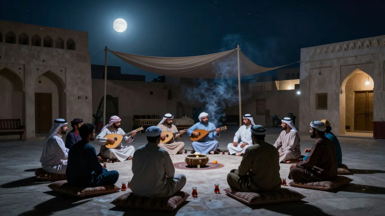 Une soirée musicale traditionnelle au bord du fort de Qasr Al Hosn, avec des musiciens jouant de l'oud sous les étoiles.