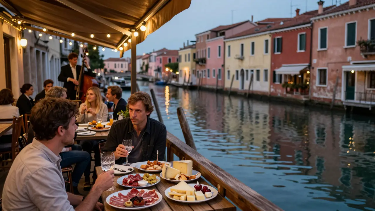 Une terrasse animée le long des canaux de Navigli, avec des plateaux d'apéritif et des reflets sur l'eau au crépuscule.