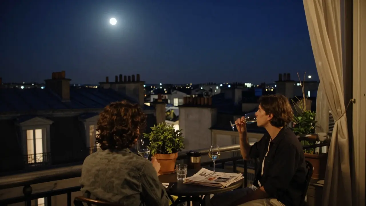 Une terrasse sur le toit à Saint-Germain-des-Prés, vue apaisante sur Paris la nuit, deux personnes en silence.